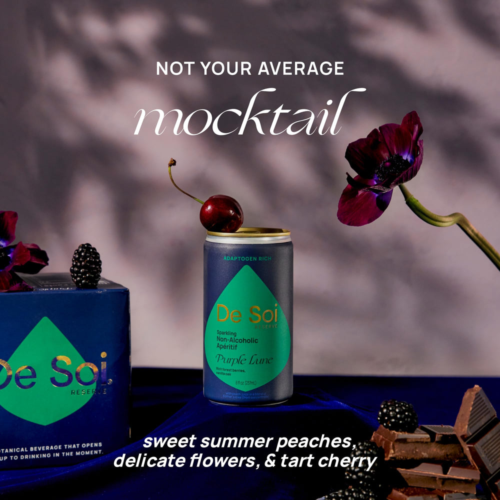 De Soi Purple Lune can emphasizing gluten-free, vegan mocktail and mood support