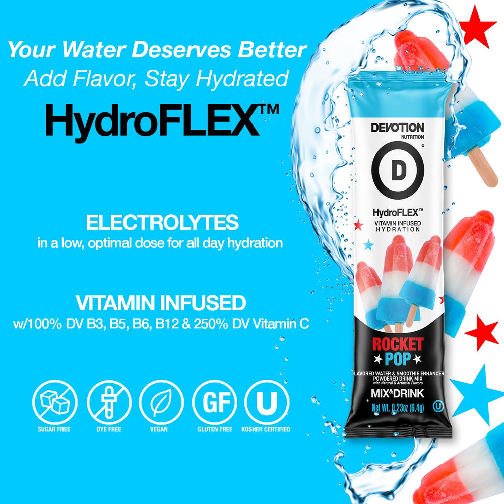 Devotion HydroFLEX on-the-go packet beside a gym bottle for convenient hydration