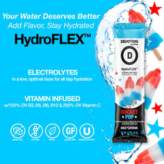 Devotion HydroFLEX on-the-go packet beside a gym bottle for convenient hydration