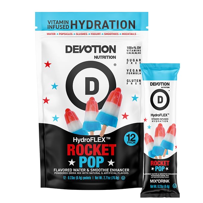 Devotion HydroFLEX rocket-pop packet dissolving in water for vitamin-enriched hydration