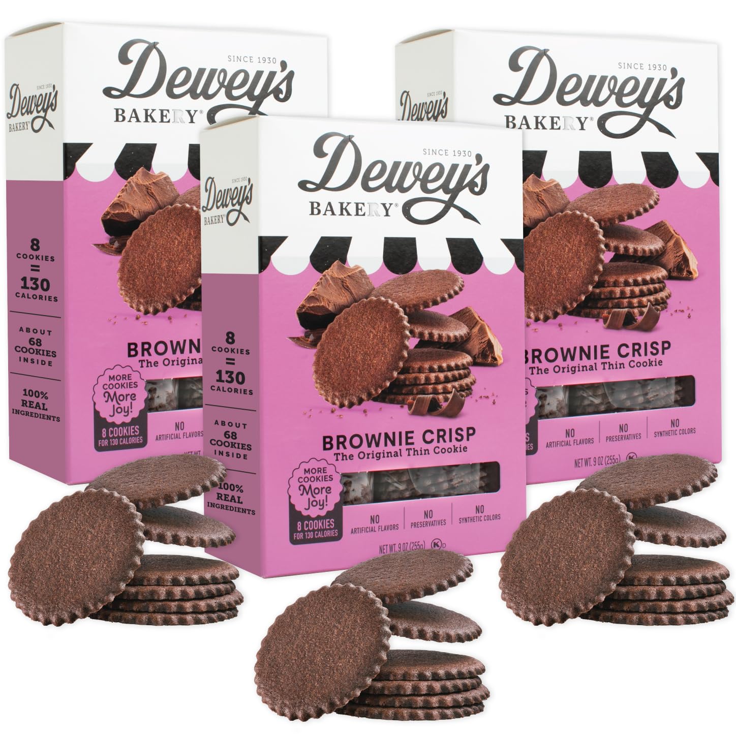 Dewey's Bakery brownie crisp Moravian cookie thin packaging, ideal for on-the-go snacking.