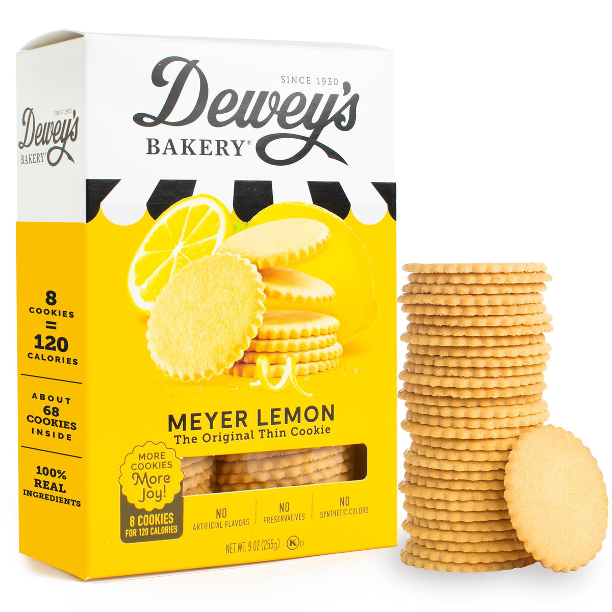 Dewey's Bakery Meyer Lemon Cookie Thins in package, ideal for on-the-go snacking.