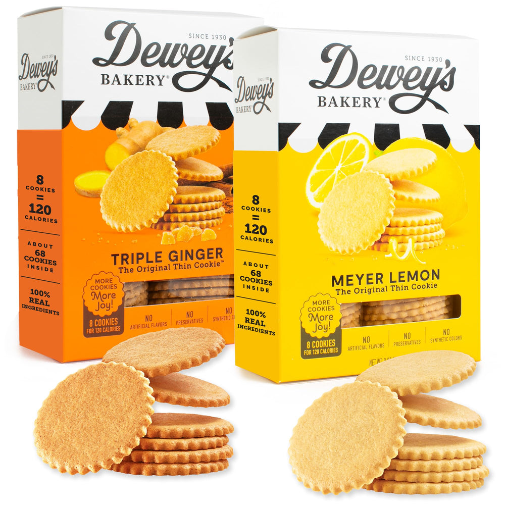 Dewey's Bakery Meyer Lemon cookies box shows bright citrus with real ingredients for a refreshing snack.