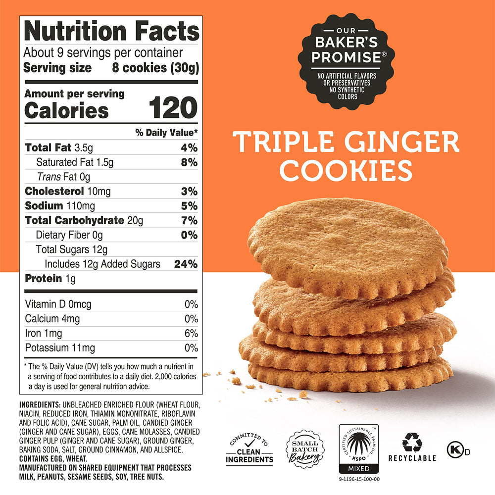 Dewey's Bakery Triple Ginger Cookies box back highlighting ingredients and no artificial flavors