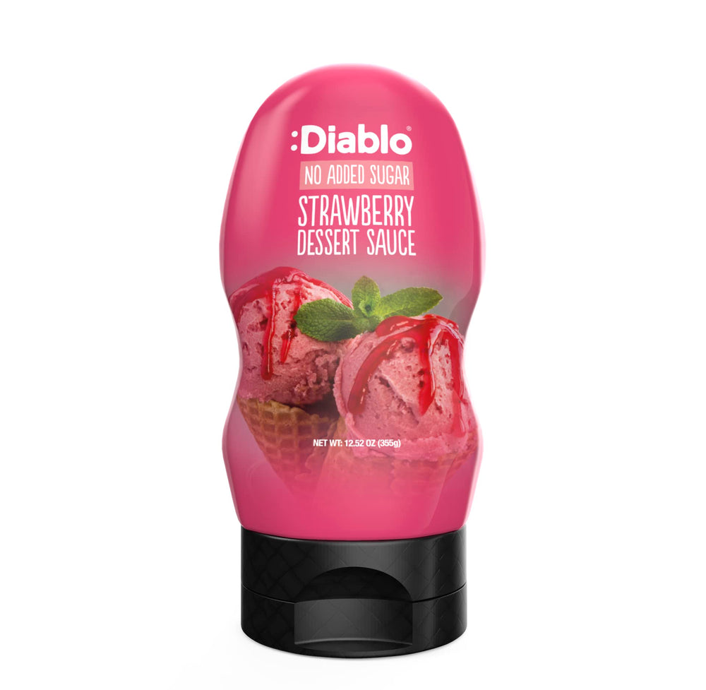 Diablo Strawberry Dessert Sauce jar with natural ingredients for guilt-free flavor on mornings