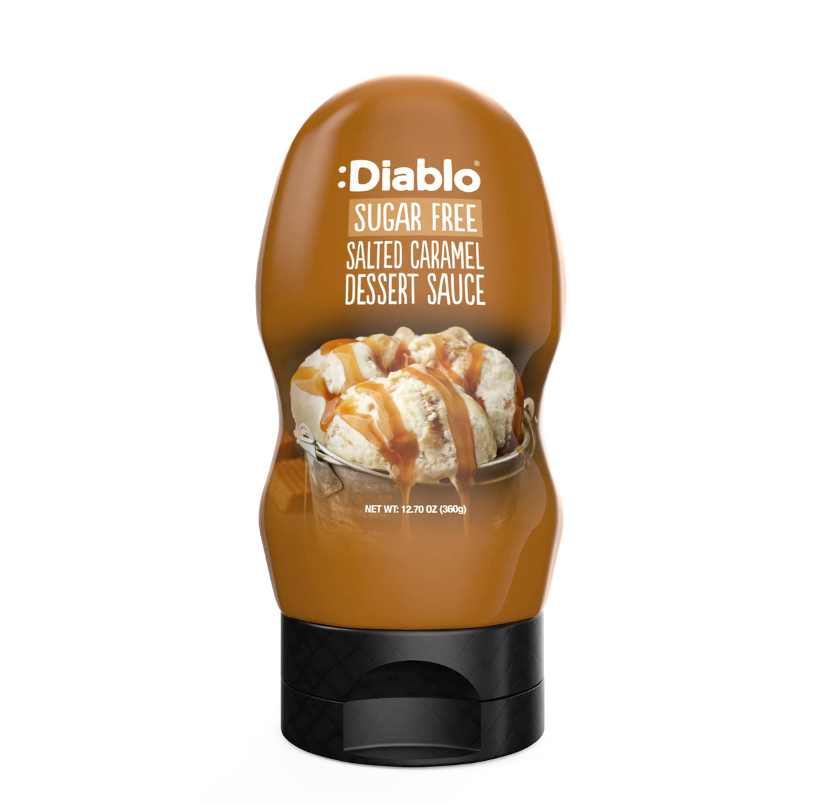 Diablo Sugar Free Salted Caramel bottle close-up, premium Belgian flavor for coffee and desserts.
