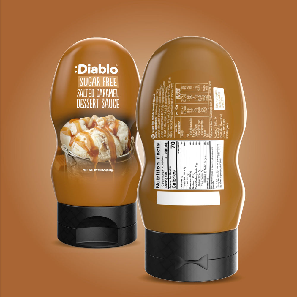 Diablo Sugar Free Salted Caramel coffee pour highlighting cafe-style topping without sugar.