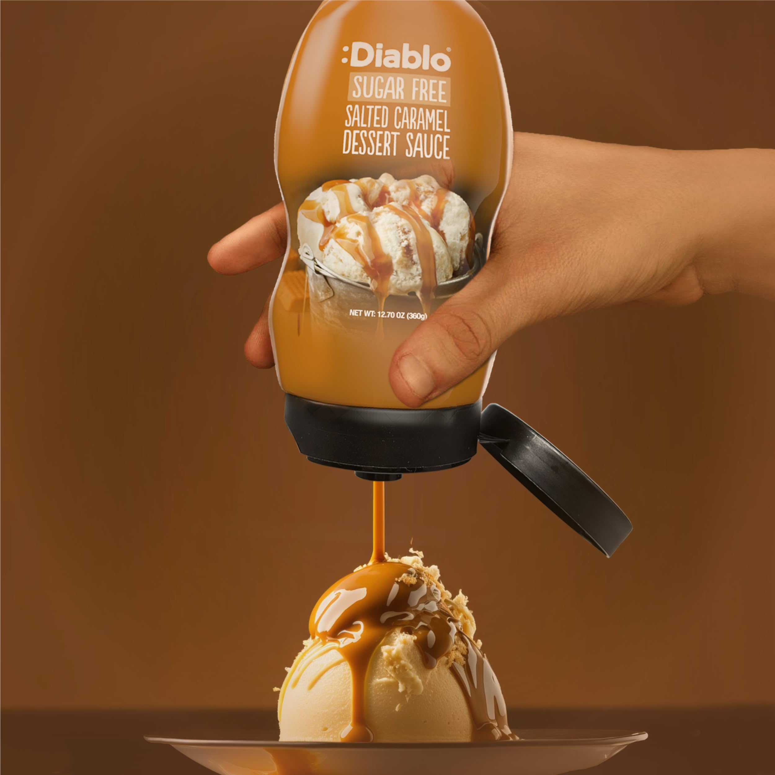 Diablo Sugar Free Salted Caramel dessert sauce jar close-up on kitchen counter, ideal for desserts.