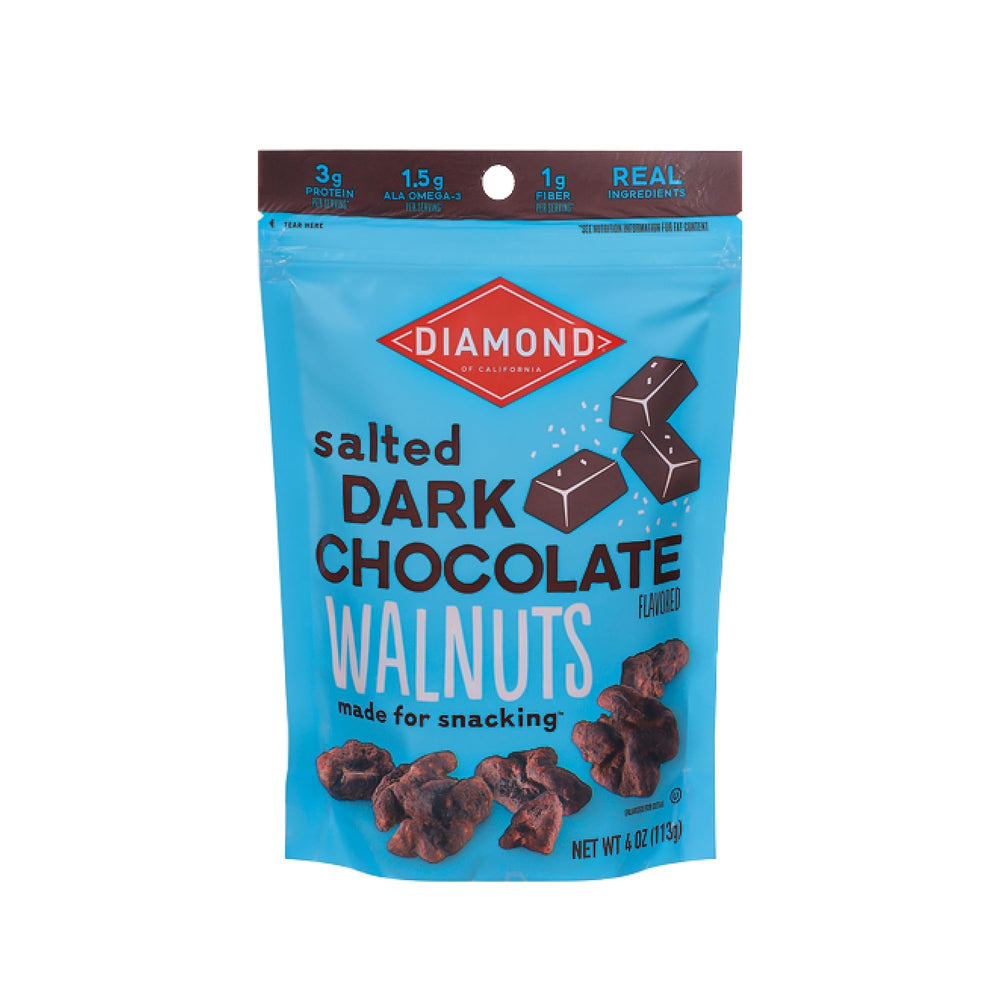 Diamond of California salted dark chocolate walnuts in a 4oz bag closeup for snack-ready flavor