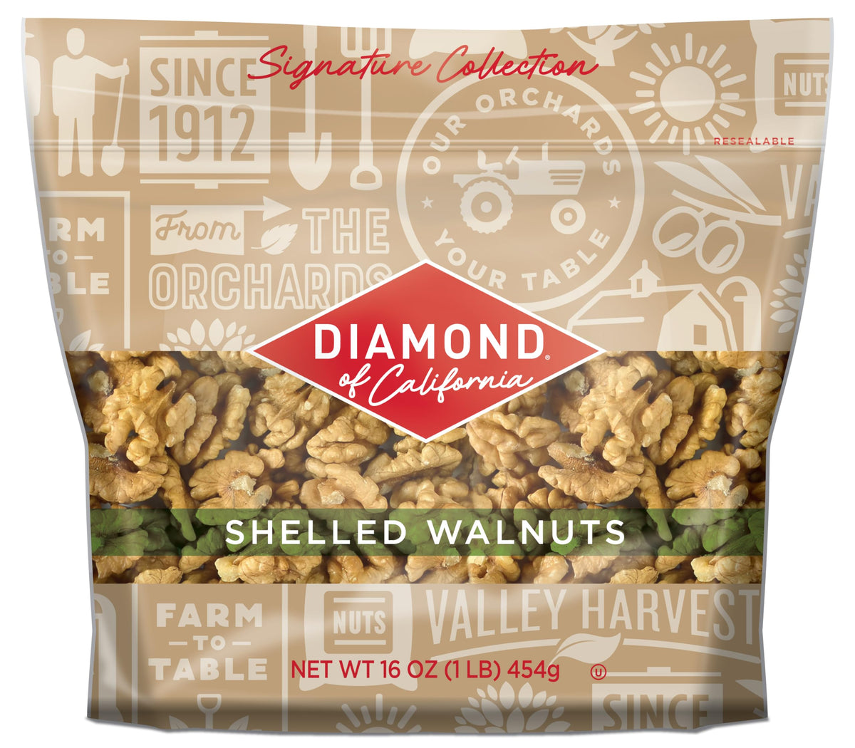 Diamond of California Signature shelled walnut halves in a bag for easy snacking