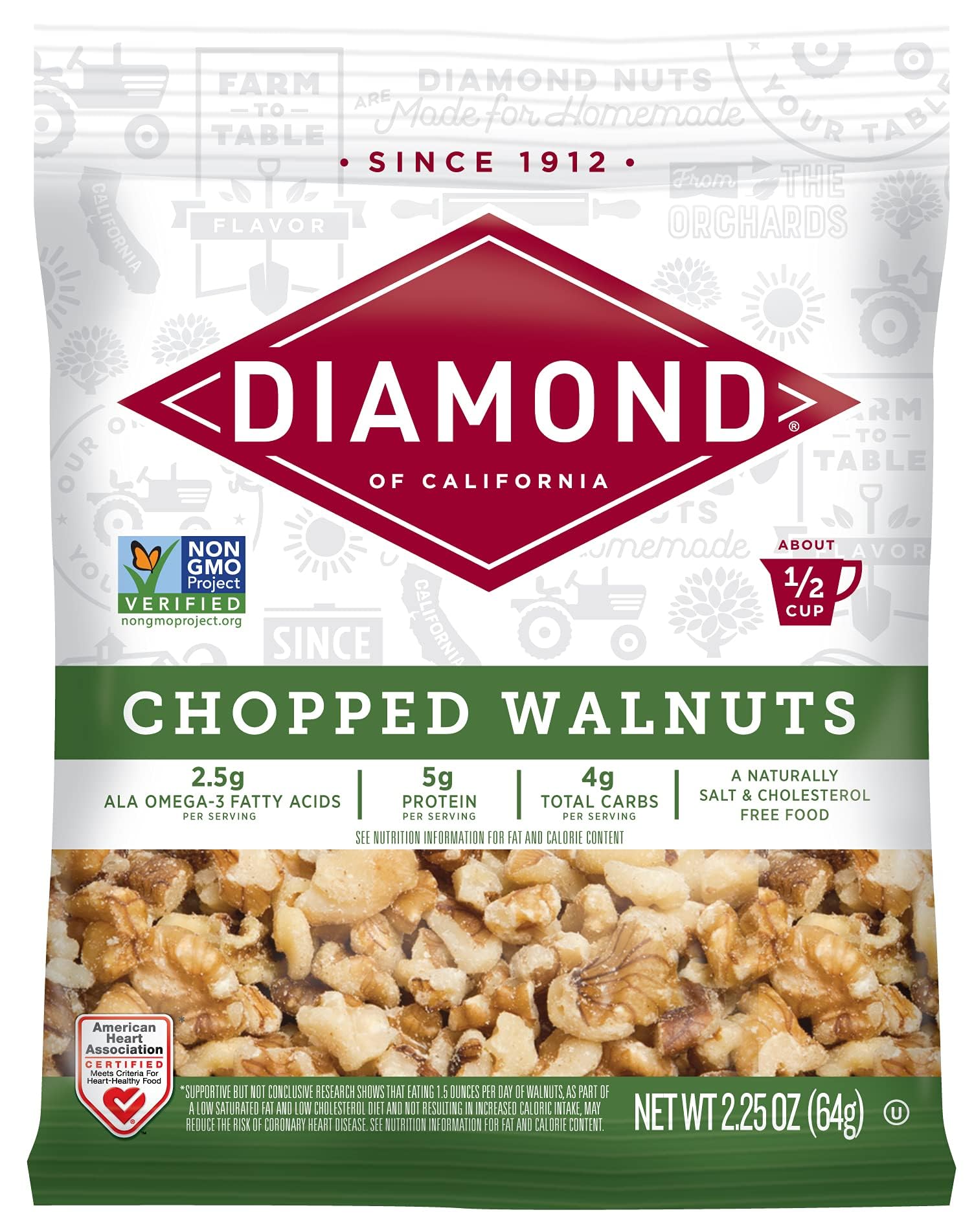 Diamond of California chopped walnuts bag, ideal for quick snacking and easy recipes