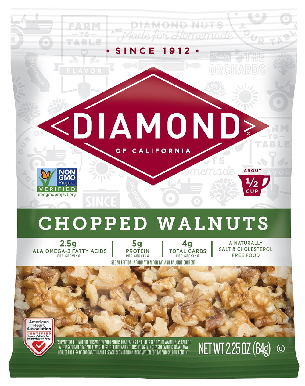 Diamond of California chopped walnuts bag, ideal for quick snacking and easy recipes