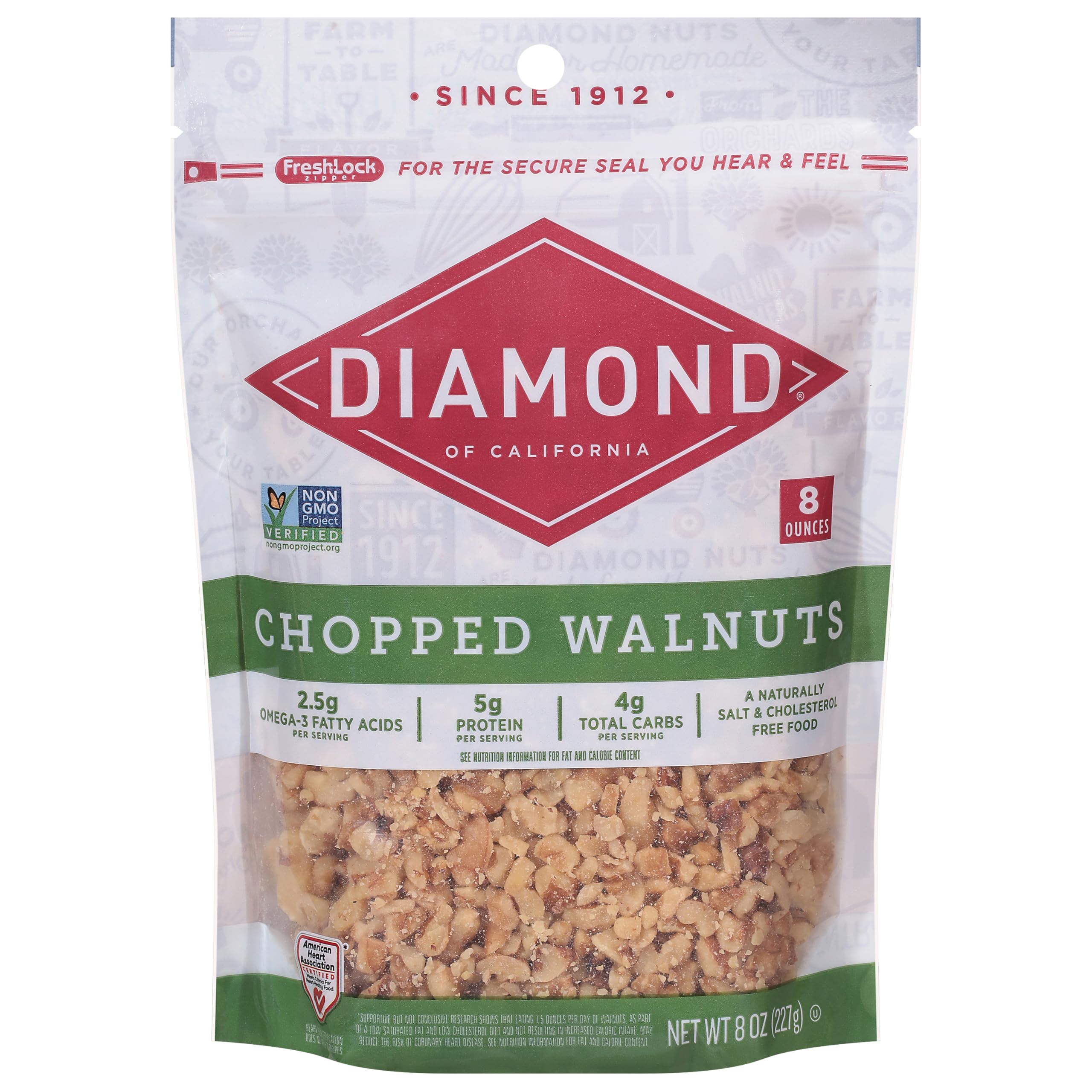 Diamond of California chopped walnuts bag, ideal for baking and snacking.
