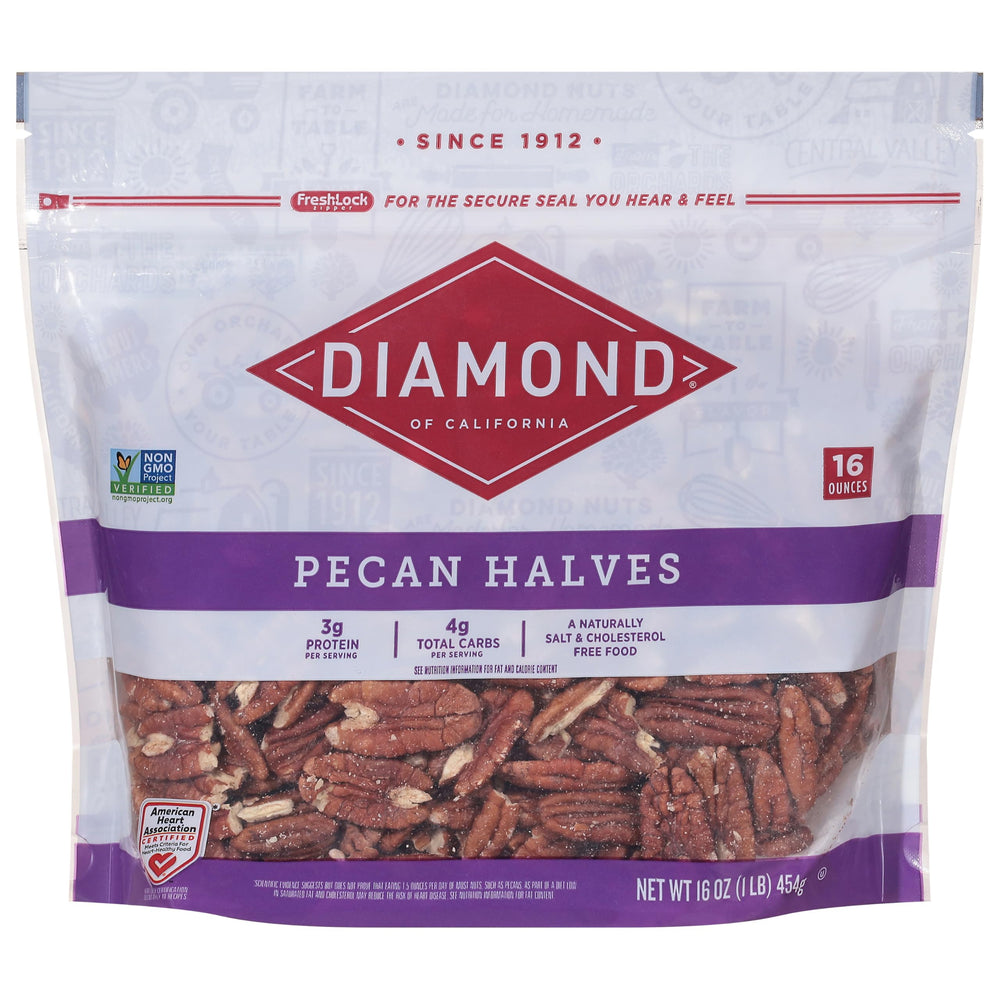 Diamond of California pecan halves in 16oz bag; versatile for baking or snacking