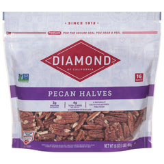 Diamond of California pecan halves in 16oz bag; versatile for baking or snacking