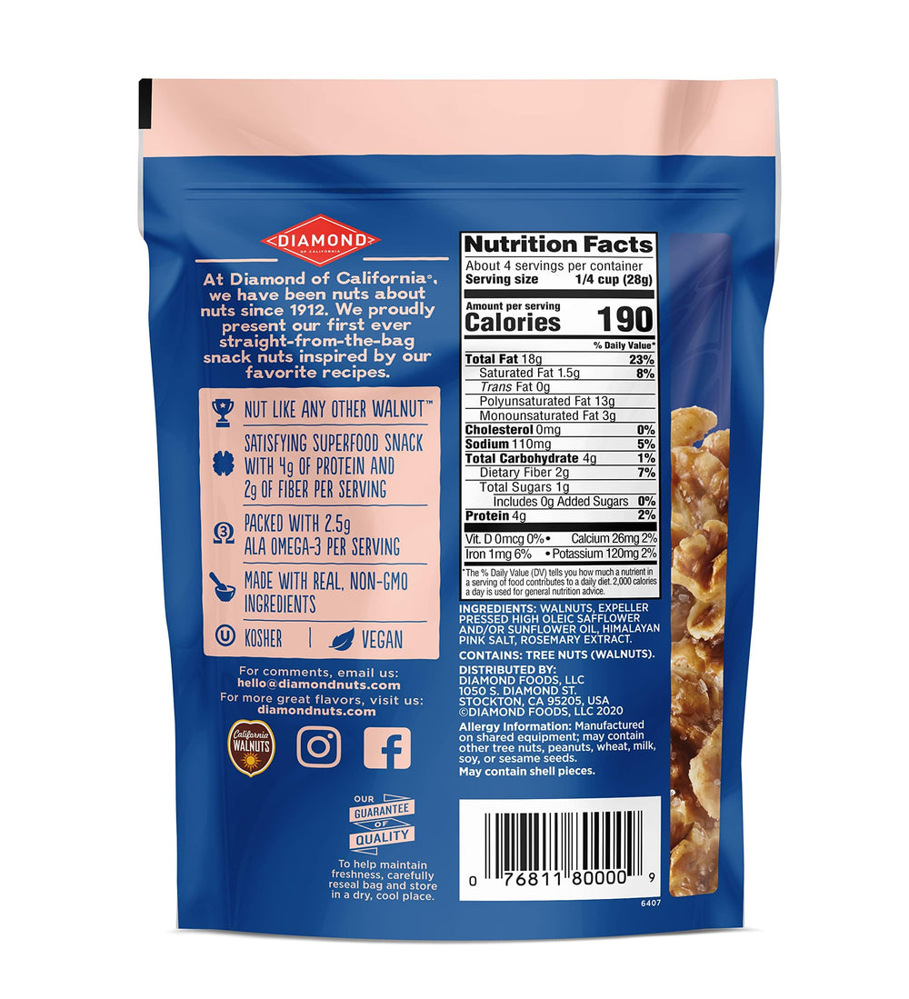 Diamond of California Himalayan Pink Salt Walnuts snack bag open for easy access