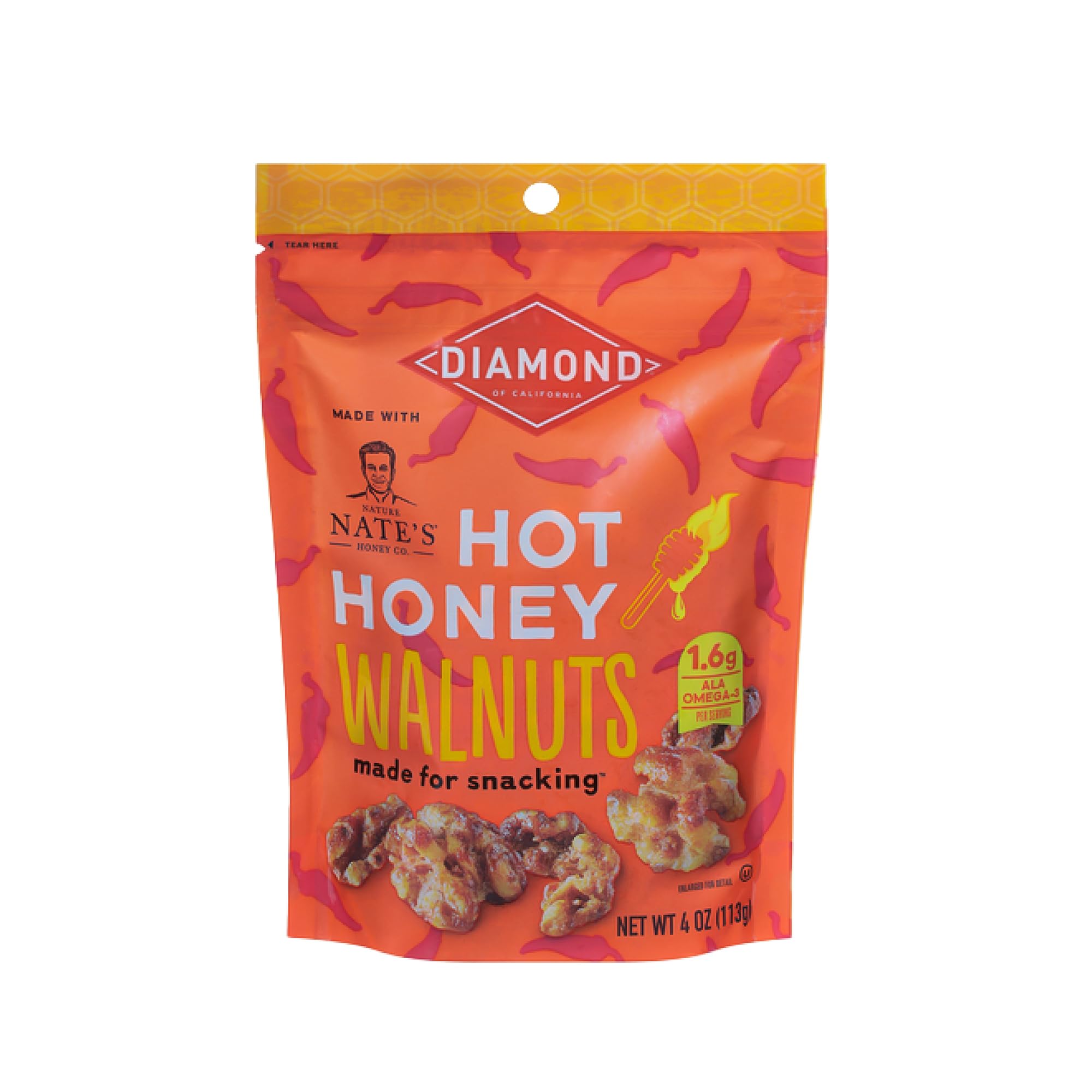Diamond of California hot honey walnuts snack bag for quick, protein-rich snacking.