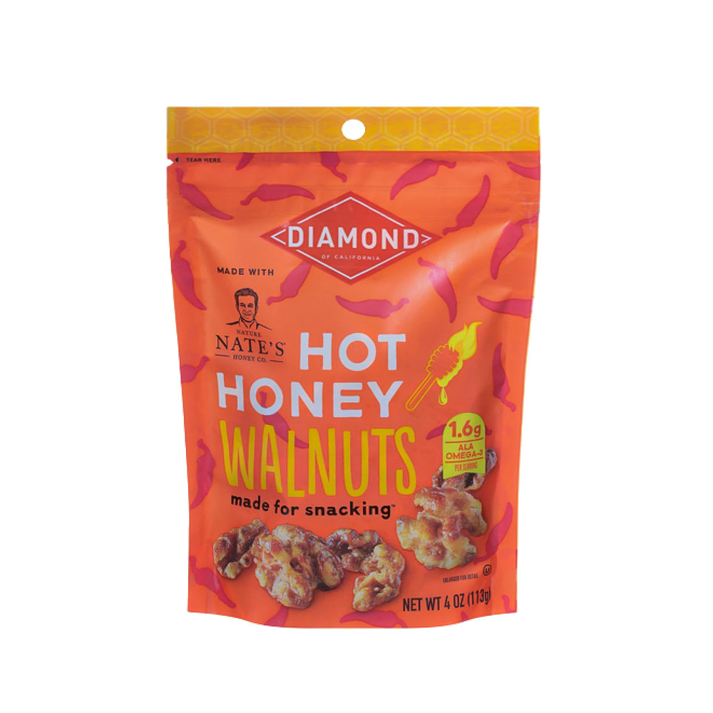 Diamond of California hot honey walnuts snack bag for quick, protein-rich snacking.