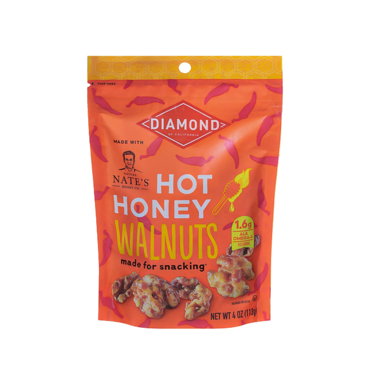 Diamond of California hot honey walnuts snack bag for quick, protein-rich snacking.