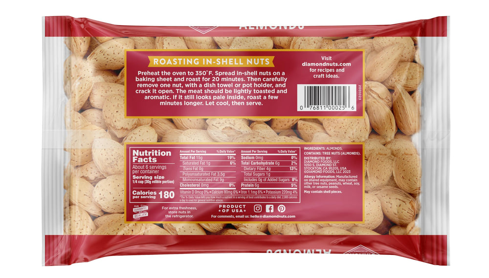 Diamonds Nuts inshell almonds packaging showing freshness and California origin