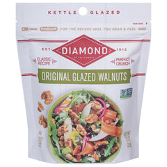 Diamond of California glazed walnuts pack; convenient snack with sweet crunch.