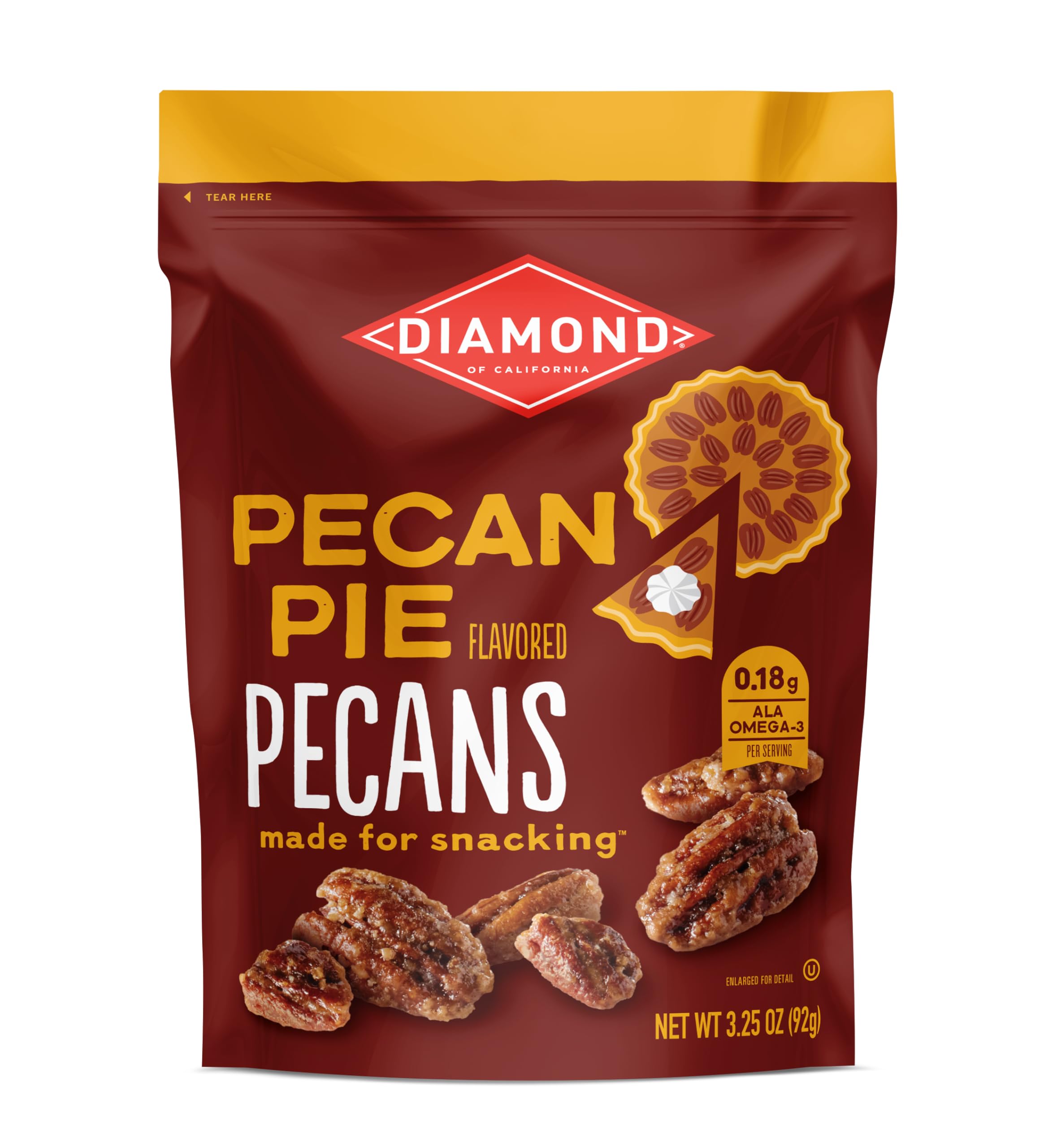 Diamond of California pecan pie nuts in bag front, ready for snacking.