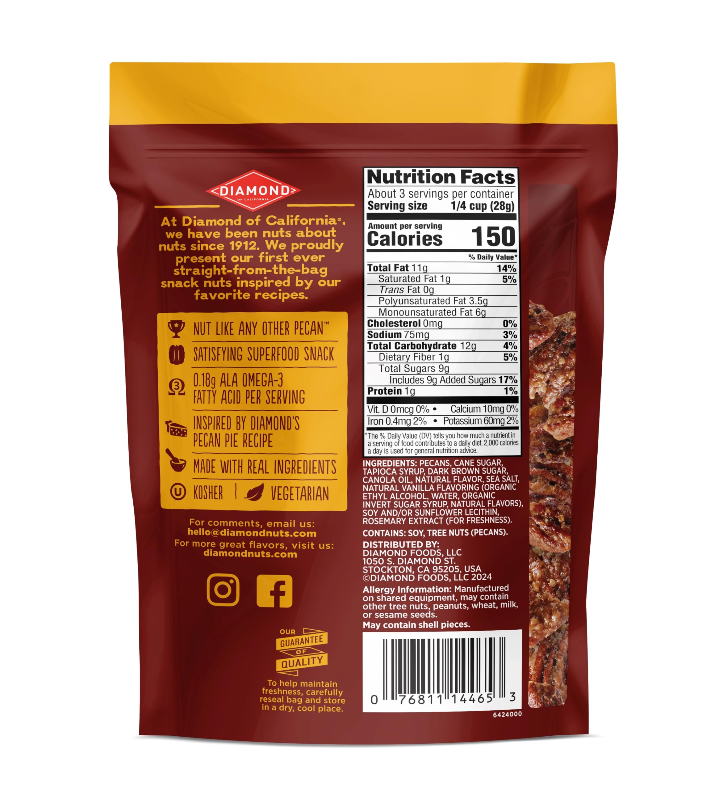 Diamond of California pecan pie nuts closeup showing rich earthy flavor ideal for snacking.