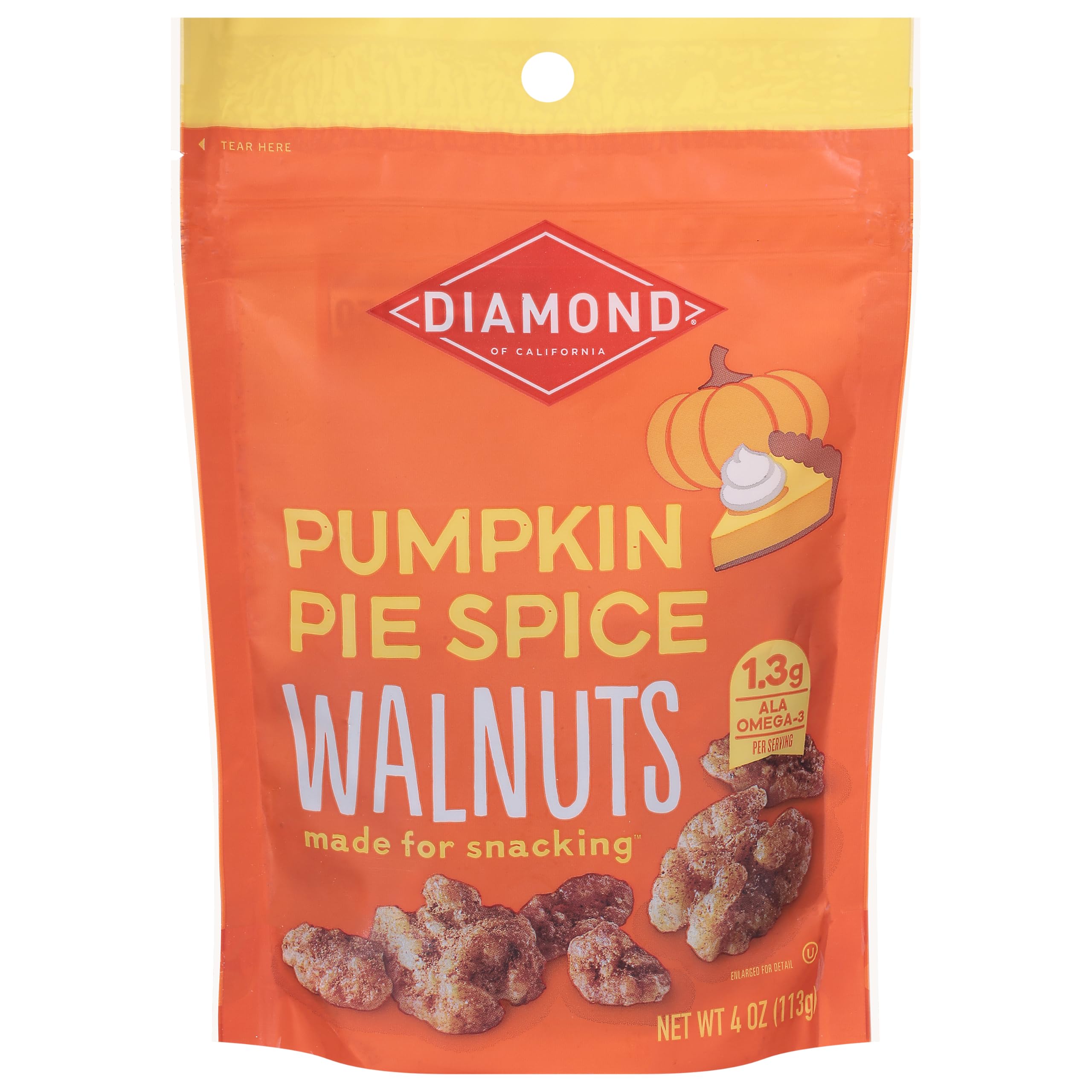 Diamonds Nuts Pumpkin Pie Spice Walnuts 4 oz bag, roasted to perfection for snacking.