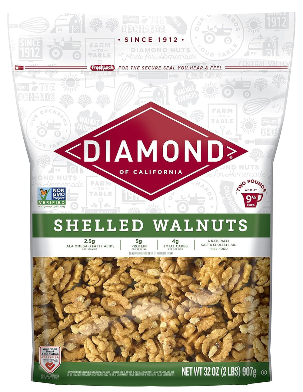 Diamond of California shelled walnut halves in a bowl, ready for baking or snacking.
