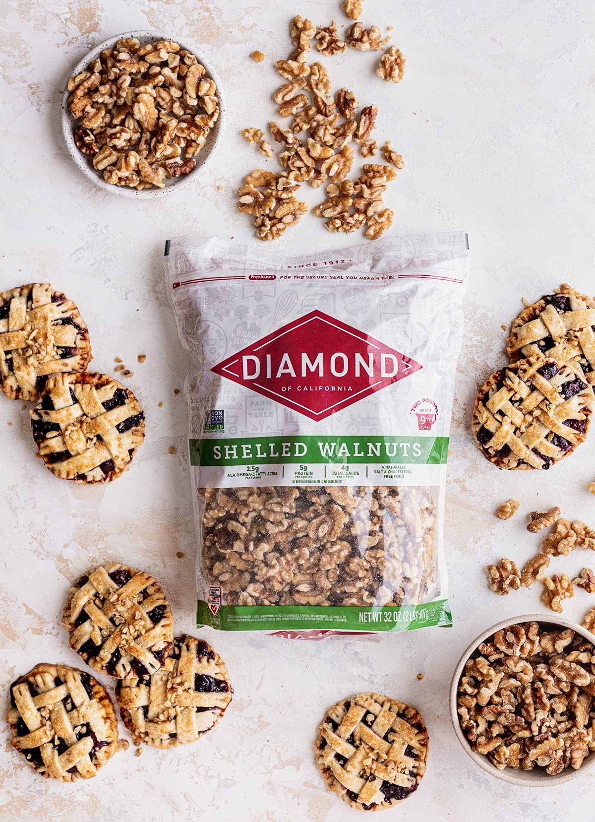 Diamond of California walnuts for baking, adding buttery notes to desserts.
