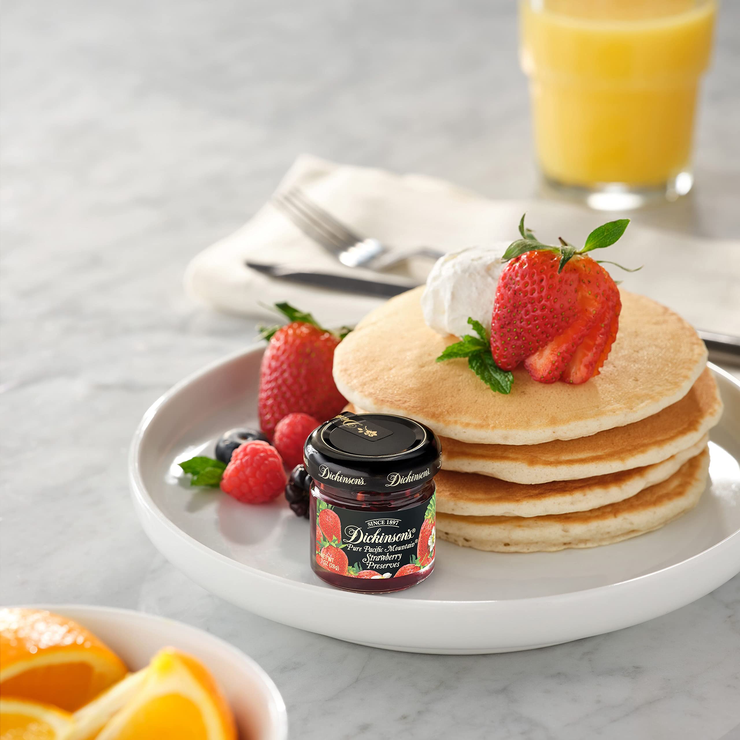 Dickinson's Pure Pacific Mountain Strawberry Preserves packaging—premium presentation for fine dining and gifting.