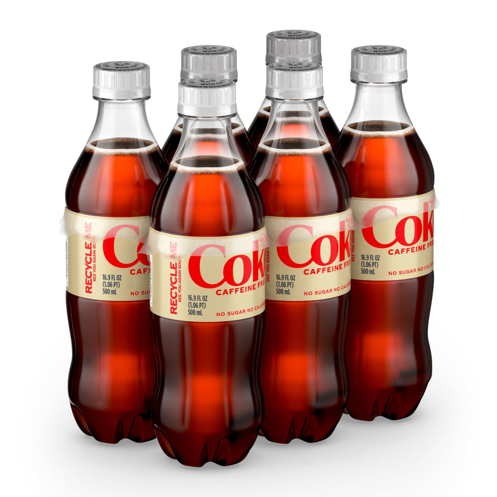 Diet Coke caffeine-free bottle front label showing refreshing, zero-calorie appeal for daily enjoyment.