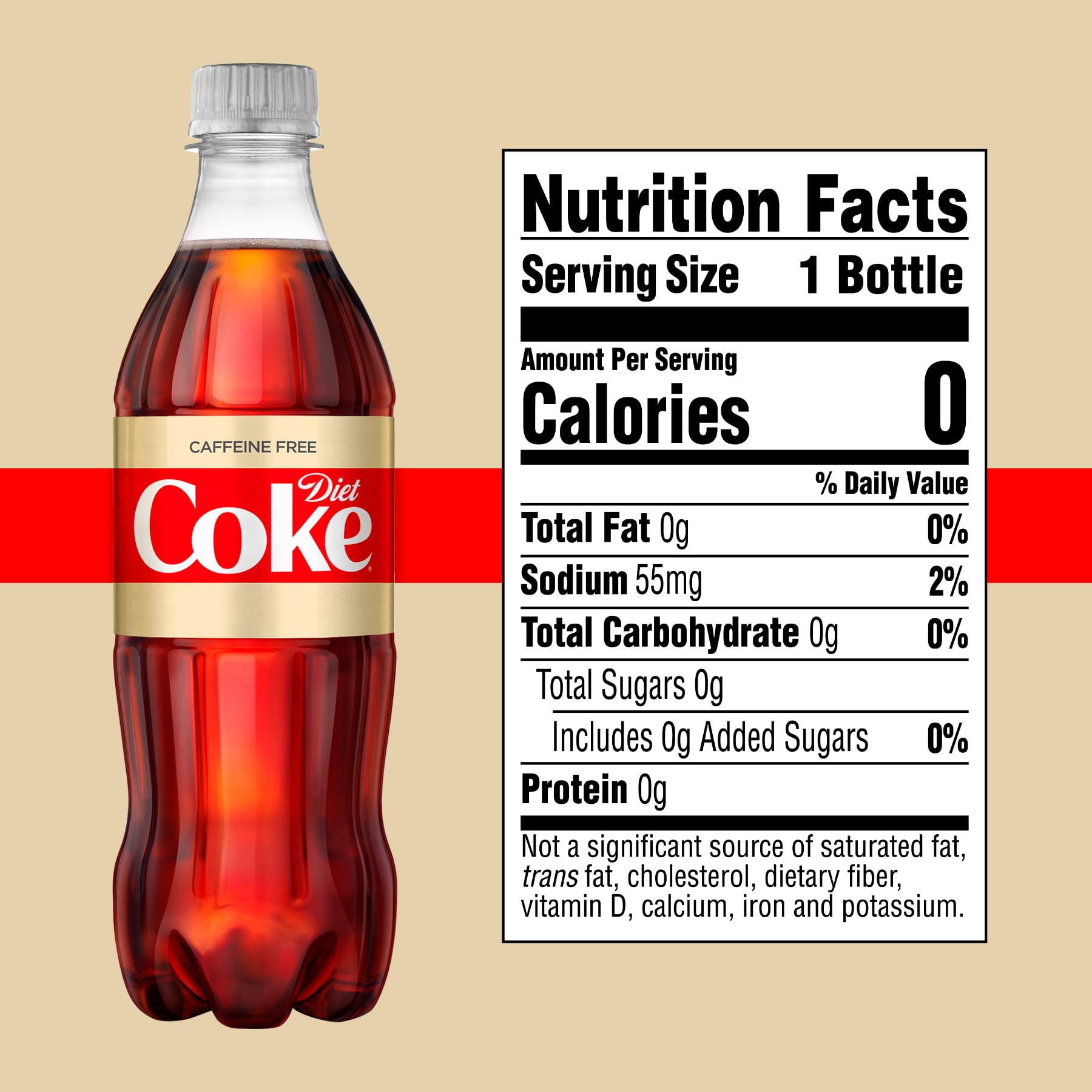 Diet Coke caffeine-free bottle pouring into a glass with crisp, bubbly finish.