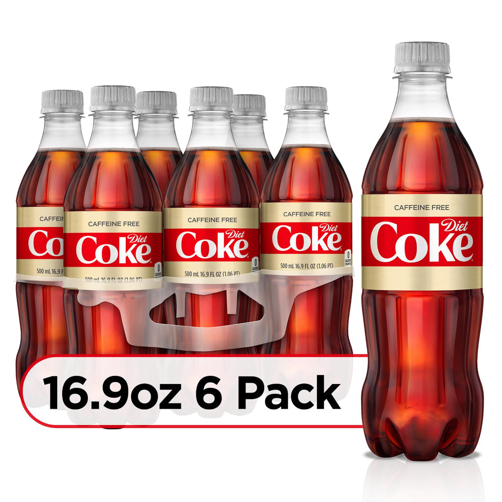 Diet Coke caffeine-free six-pack on the table for sharing with friends.