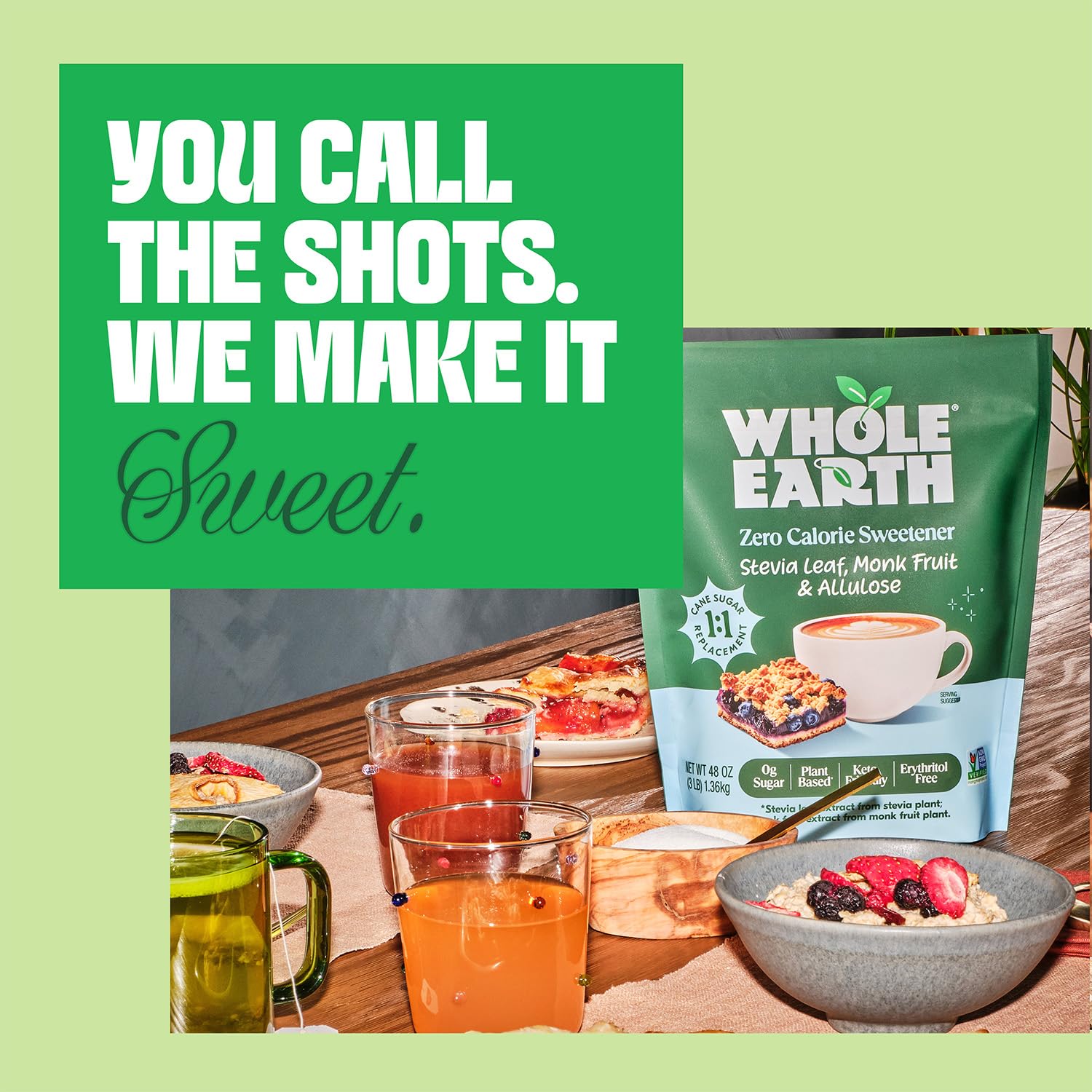 Diet-conscious kitchen moment using sugar substitute for daily beverages.