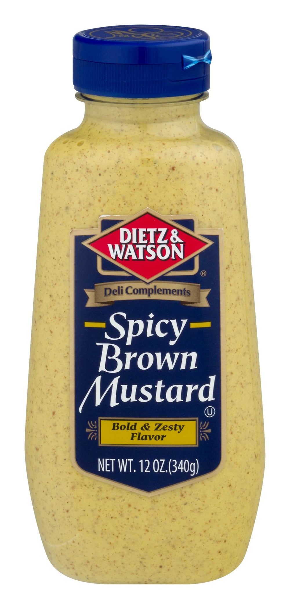 Dietz & Watson Spicy Brown Mustard jar on pantry shelf, bold flavor.