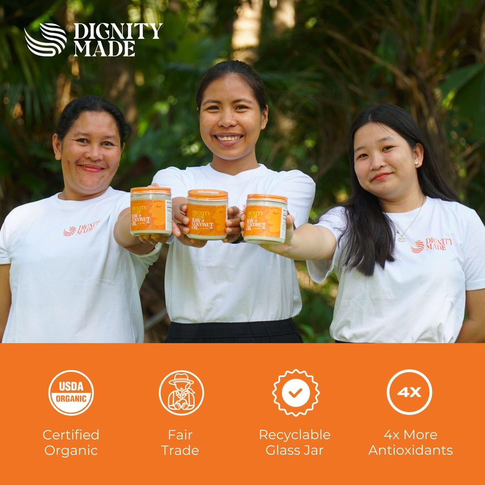 Dignity Coconuts hair oil glossing demonstrates shine and manageability