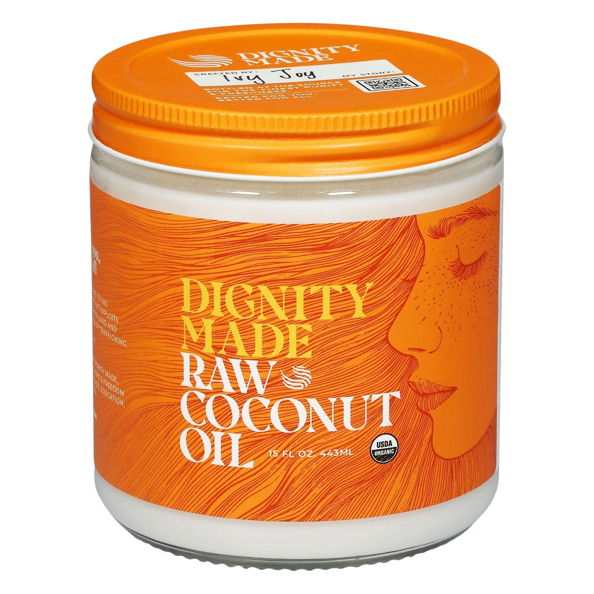 Dignity Coconuts raw organic coconut oil bottle closeup for versatile skin and hair care