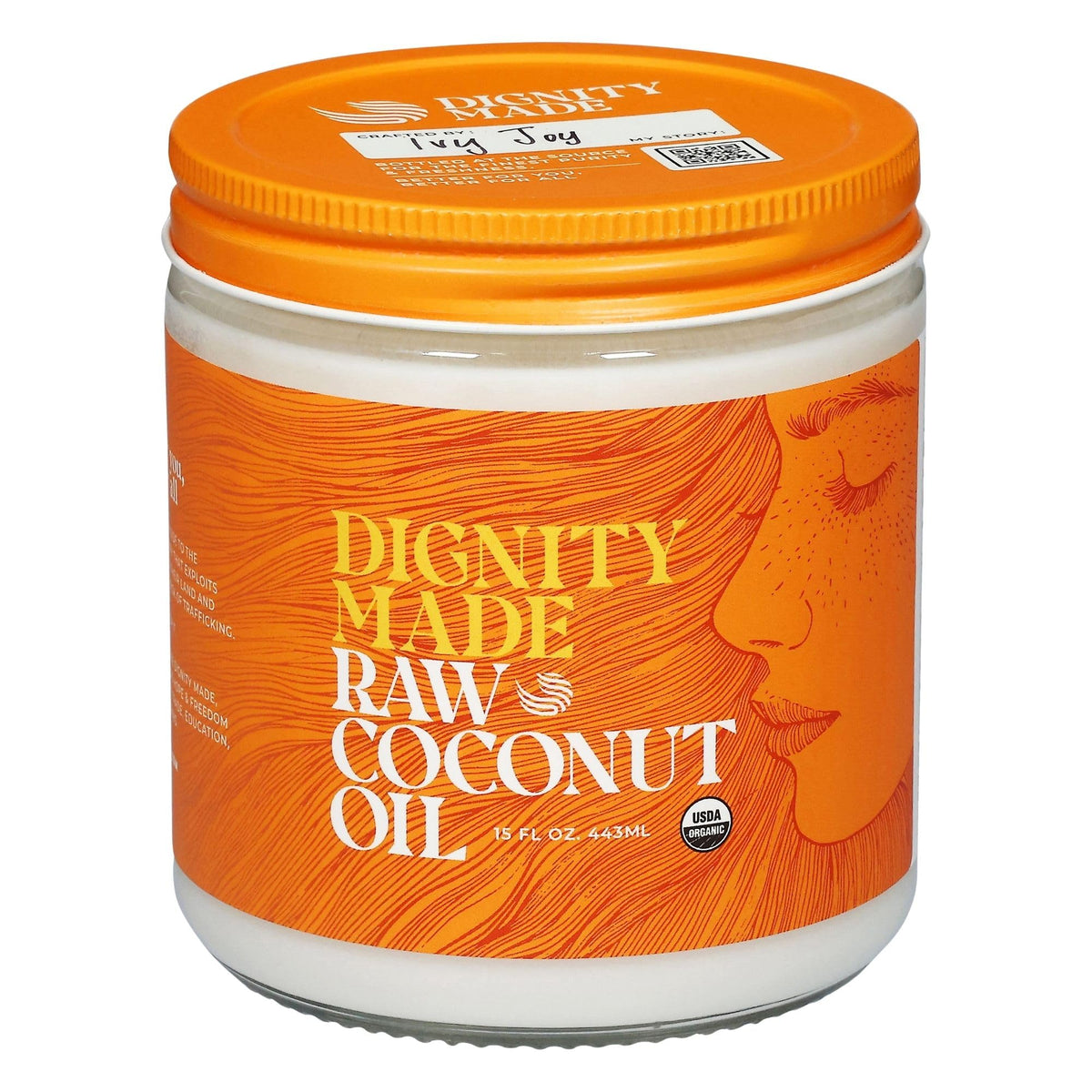Dignity Coconuts raw organic coconut oil bottle closeup for versatile skin and hair care