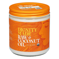 Dignity Coconuts raw organic coconut oil bottle closeup for versatile skin and hair care