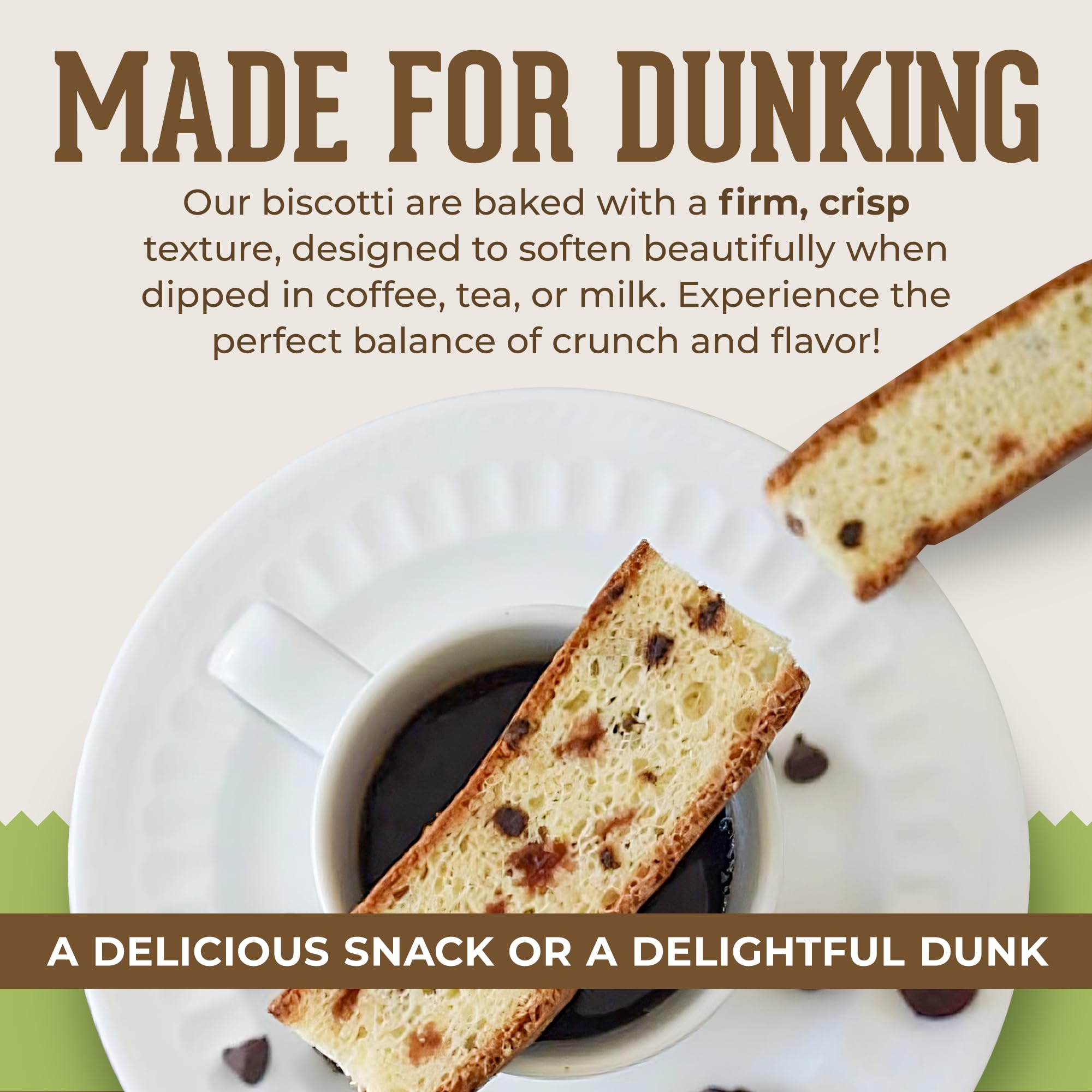 DIJAS Natural Foods biscotti chocolate almond dipping image invites coffee pairing and afternoon enjoyment.