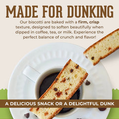 DIJAS Natural Foods biscotti chocolate almond dipping image invites coffee pairing and afternoon enjoyment.