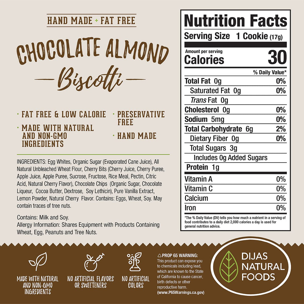 DIJAS Natural Foods biscotti chocolate almond individually wrapped portions for convenient snacking on the go.