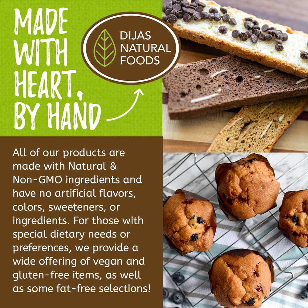 DIJAS Natural Foods biscotti chocolate almond nut slivers visible for authentic texture and flavor.