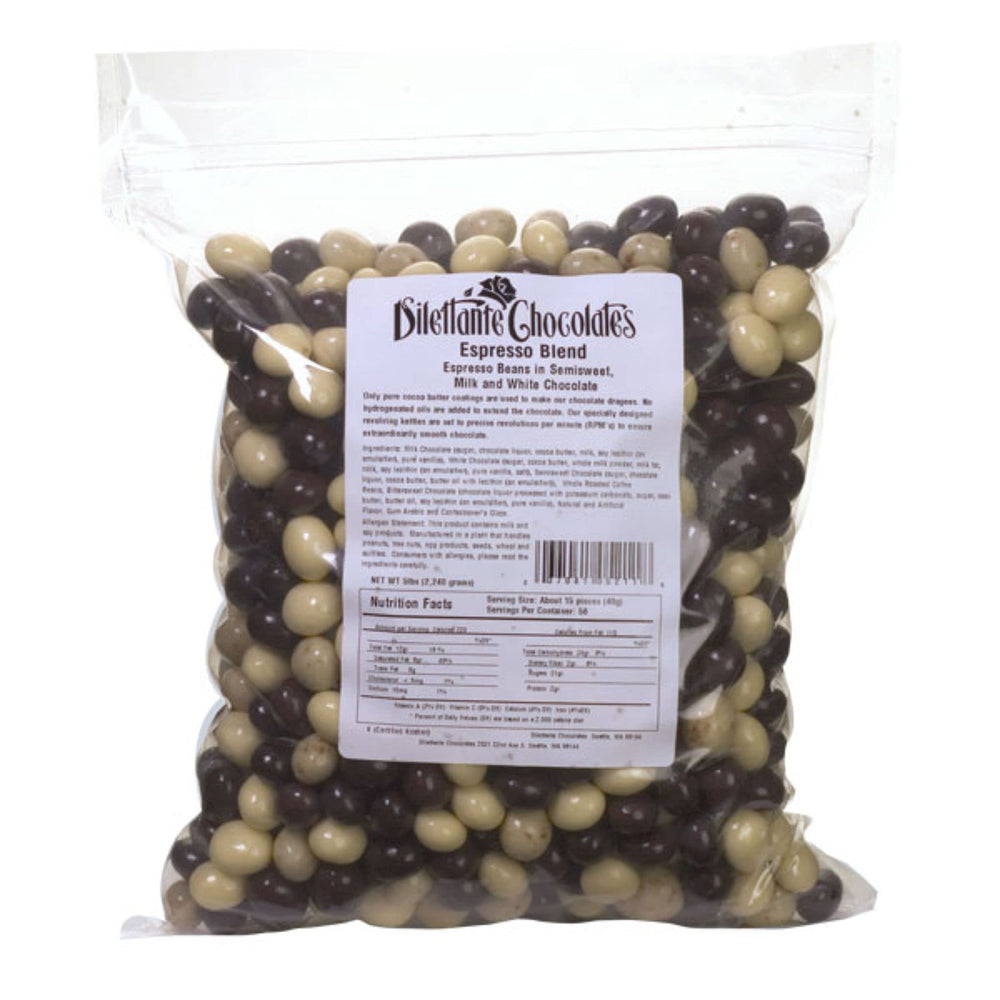 Dilettante Espresso Blend beans, chocolate-coated, ready for snacking and gifting