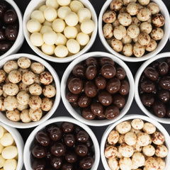 Dilettante Espresso Blend white chocolate-coated bites for contrast