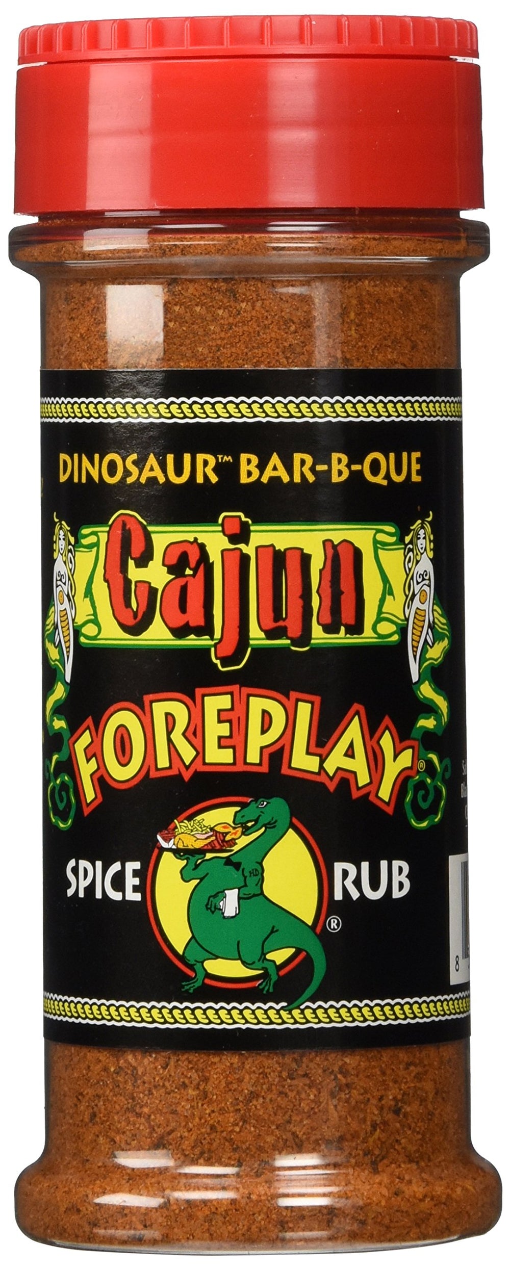 Dinosaur Bar-B-Que Cajun Foreplay dry spice rub label on jar for bold grilled flavor.