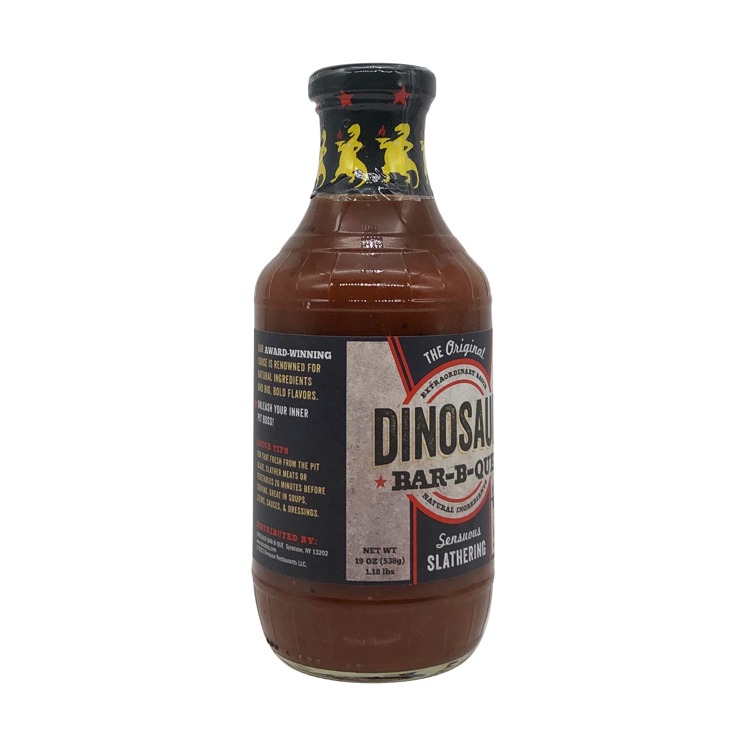 Dinosaur Sensuous Slathering BBQ Sauce on the grill with friends at sunset