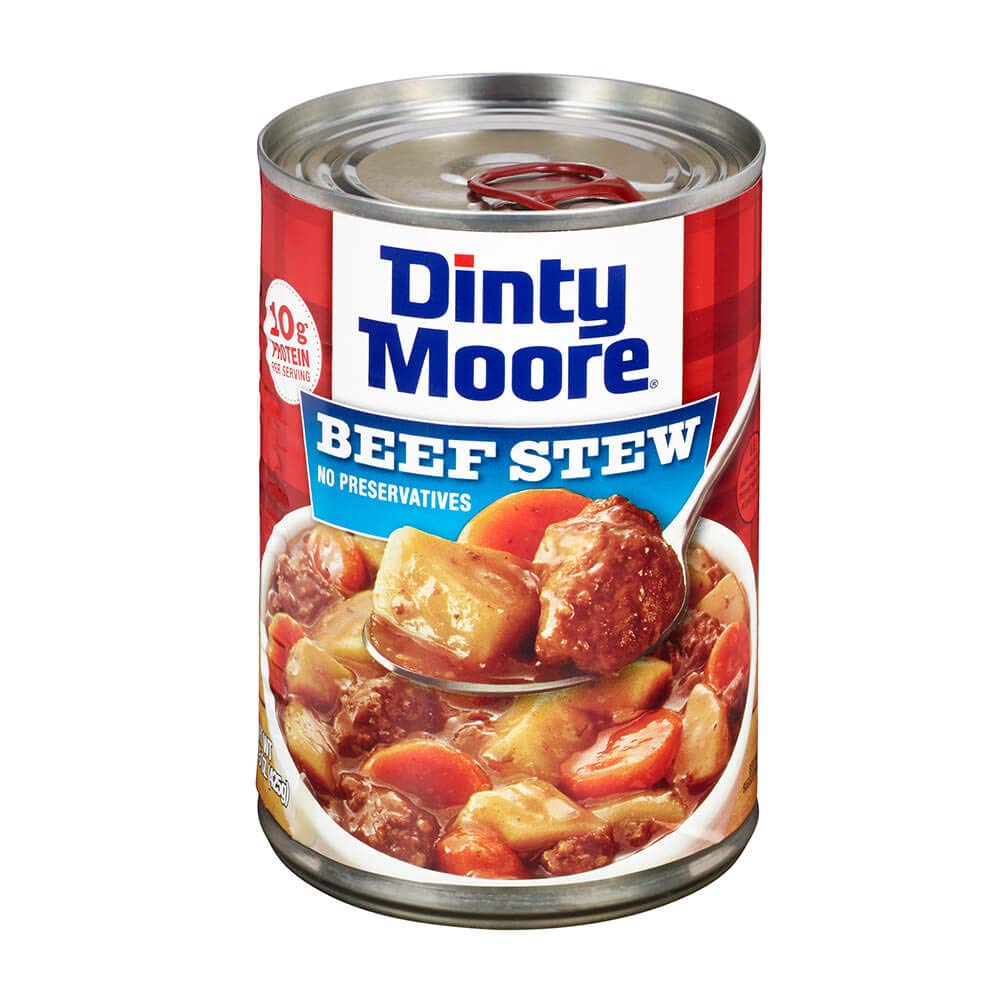 DINTY MOORE Beef Stew in a 15oz can, ready to heat for quick dinners.