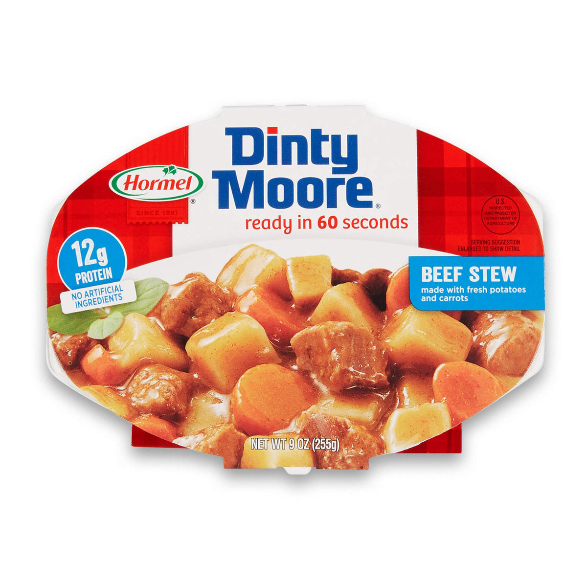 Dinty Moore Beef Stew can closeup, hearty chunks in thick gravy, ready to enjoy.